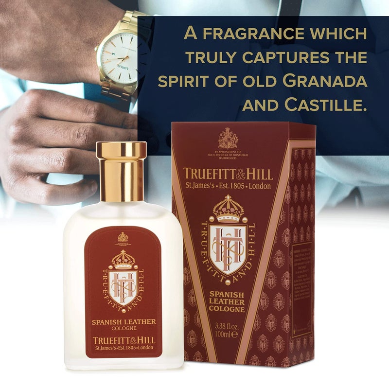 Truefitt & Hill Luxury Cologne - Spanish Leather - Premium Long-Lasting Fruit and Wood Men's Fragrance Presented in a Beautifully Etched Traditional Atomizer Bottle - 3.38 oz. - Image 2